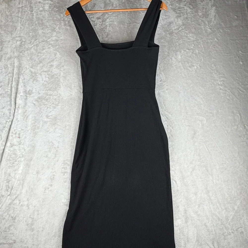 Reformation Black Cassi Ribbed Knit Square‎ Neck Midi Dress Side Slit Womens